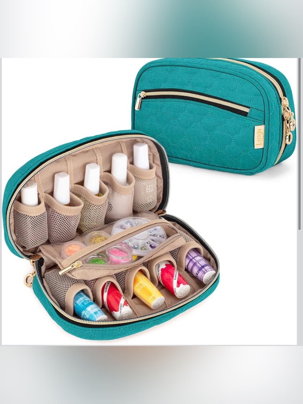 Luxja Quilted Teal Nail Polish Organizer with Gold Accents